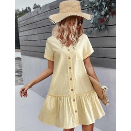 HOTOUCH Women Cotton Dress Summer Casual Loose Fit Dresses Oversized Button Front Dress Short Sleeve Ruffle Sundress, Beige XXL