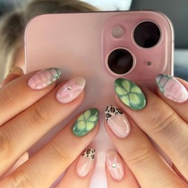 French Tip Press on Nails Short Round Fake Nails with Leopard Crocodile Print Design Green Flower Acrylic False Nails Full Cover Glue on Nails Glossy Summer Stick on Nails for Women 24Pcs