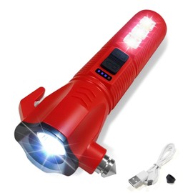 GEEBONFLUGENS Red Emergency Car Flashlight - 2000 Lumen Dual Light 4-Level Battery Indicator Window Breaker & Seatbelt Cutter USB Rechargeable Ultra-Light 108g Car Emergency Tool