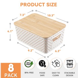 8 Pack Small Plastic Storage Bins with Bamboo Lids, Stackable Plastic Storage Baskets for Organizing with Handles, Organizer Bins with Labels for Room, Craft, Containers for Classroom Storage