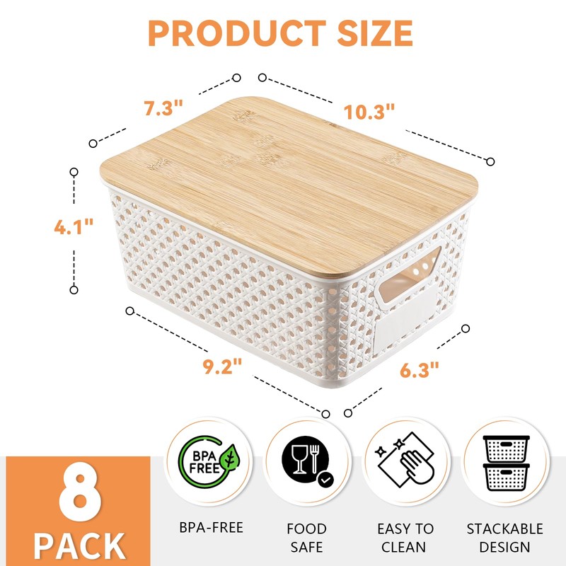 8 Pack Small Plastic Storage Bins with Bamboo Lids, Stackable