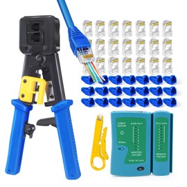 PETECHTOOL RJ45 Crimp Tool Cat6 Cat5e Cat5 Ethernet Crimper Kit for RJ45 RJ12/11 Pass Through Connectors with 50pcs rj45 Cat6 Pass Through Connectors, 50pcs Covers, Wire Stripper; Network Cable Tester