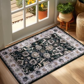 Yamaziot Washable Area Rug, 2x3 Small Entryway Rug Non-Slip Vintage Floral Rug with Rubber Backing, Low Pile Non-Shedding Soft Distressed Floor Carpet for Indoor Door Mat, Kitchen, Laundry Bathroom