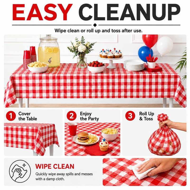 12 Pack Red and White Plastic Checkered Tablecloth, Premium Decorative