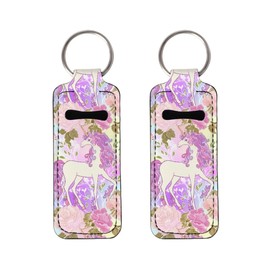 ENLACHIC 2Pcs Unicorn Print Chapstick Holder Keychain Clip-on Lip Balm Holder Chapstick Sleeve Pouch Lipstick Holder Keychain for Women Girls,Unicorn Flower