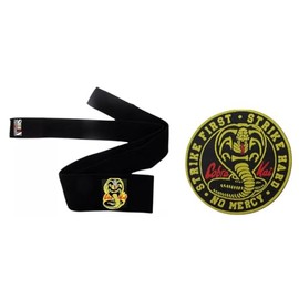 SHIHAN POWER SPORTS COMBO TANAKA - COBRA KAIS KING MARTIAL ARTS HEADBAND KENDO Tenugui Samurai - STRETCH Hachimaki For Men/Women/Children KARATE KID & Cobra Snake Sew-On Cloth Badge Patch - 3.5inch