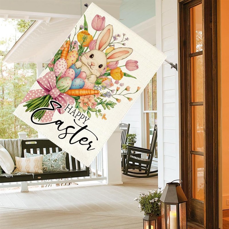 RABUSOFA Happy Easter Floral House Flag 28x40 Inch Double Sided