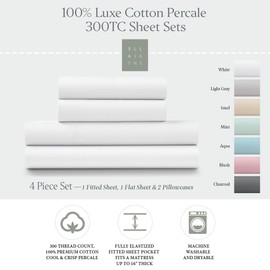Ella Jayne Luxury Collection - 100% Cotton Percale Sheets Queen Size, 4 Piece Cool & Crisp Cotton Percale Sheet Set, Percale Sheets Queen, Percale Sheets King Size, Full - White