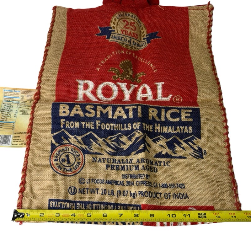Royal Basmati Rice Bag 20lbs Burlap w Handles Zipper Heavy