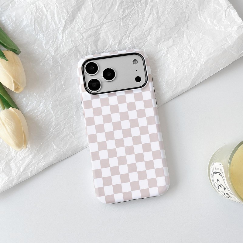 Lovmooful Magnetic foriPhone 17 Pro Max Case Lattice Plaid-Khaki&White