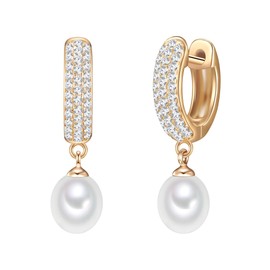 Valero Pearls Women's Creole Earrings Sterling Silver 925 Yellow Gold-Plated Freshwater Cultured Pearls White - Earrings for Women in Yellow Gold Colours with Freshwater Pearl, Sterling Silver, Cubic