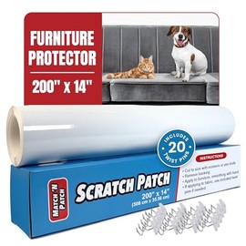 Match 'N Patch Furniture Protector – Scratch Protector for Pets – Transparent Shield for Pet Scratches - Self-Adhesive & Easy to Apply, Includes 20 Twist pins – 200 x 14 Inches, 1 Roll
