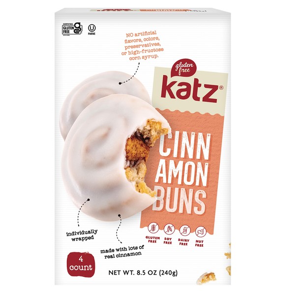 Katz Gluten Free Cinnamon Buns. Fresh Baked Buns Made With Real Cinnamon and Covered In A Sweet Glaze. Grain Free. Tree Nut Free, Peanut Free. Dairy Free. Soy Free. Kosher. 4 Individually Wrapped Cinnamon rolls 8.5 oz. (Pack of 1)