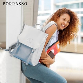 PORRASSO Laptop Backpack Women Daypack Rucksack for 14 Inch Laptop with Luggage Strap Storage Bag Business Waterproof Bookbag Travel Knapsack White B