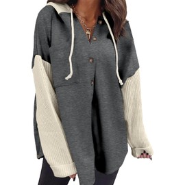 SHEWIN Womens Oversized Sweatshirt Hoodies Casual Long Sleeve Solid Button Down Hooded Jackets for Women Casual Fall Outfits with Pockets,US 24-26(3XL),Dark Grey