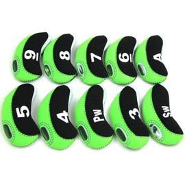 FLTRAD 10Pcs Golf Clubs Iron Head Covers 3-9 A/SW/PW Elastic Reused Neoprene Material with Number Tag Protect Case For Irons (Black&Green)