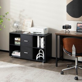 Giantex File Cabinet Office Organization - Filing Cabinet W/ 2 Drawers, 4 Open Compartments, Lateral Cabinet on 360° Swivel Lockable Wheels, Rolling Printer Scanner Stand for Home Office Storage