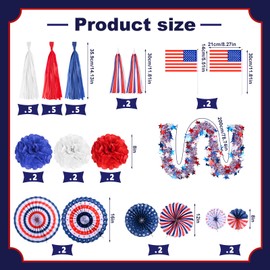 35 Pcs 4th of July Bike Decorations Memorial Day Bicycle Streamer Scooter Tassel Bow American Flags Tinsel Garland Red White Blue Decor for Independence Day Bike Party Favors