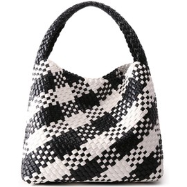 Queenoris Fashion Woven Purse for Women Top-handle Shoulder Bag Soft Summer Hobo Tote Bag (Black and White Contrasting)