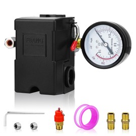 FBANG Air Compressor Pressure Switch Control Valve 135-175 PSI，Horizontal 4-way Switch with a Large Pressure Gauge, Air Compressor Replacement Parts 110V-240V (American Pattern)