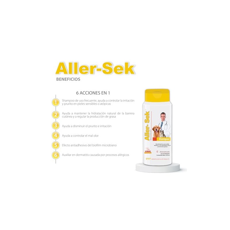 HOLLAND Aller-sek 250 ml, Shampoo Hipoalergénico para Perros y Gatos