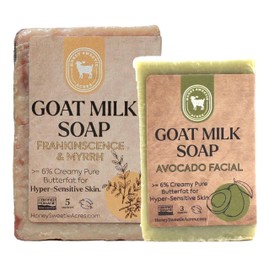 Honey Sweetie Acres Fresh of the Goat Face and Body Soap Bundle – 3 oz Avocado Facial Bar + 5 oz Hydrating Frankincense Goat Milk Soap – Handcrafted and Made in USA