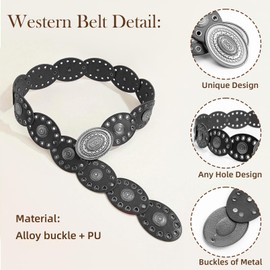RainFlowwer Disc Boho Western Belt for Women–Stylish Chunky Cowgirl Belt with Metal Buckle,PU Leather,Perfect for Dresses & Jeans (Black)