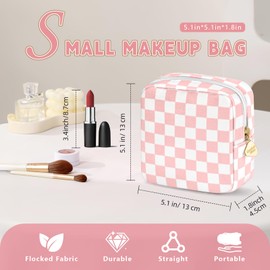 Desing Wish 5.1'' x 5.1'' Small Makeup Bag for Purse Flocked Material Mini Travel Makeup Bag with Two Inner Pockets Portable Cute Cosmetic Bags for Women (Purple-White Checker)