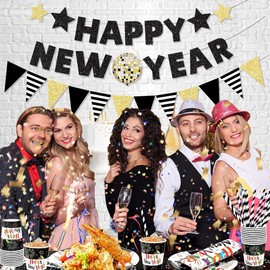 Happy New Year Banner, New Year Party Decorations, Happy New Year Flag Backdrop, Cardstock Banner for Eve Party Decor, Black, Golden, Glitter Letter Flag Star Alphabet