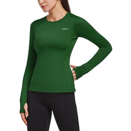 BALEAF Women's Thermal Shirts Long Sleeve Workout Tops Running Compression Zipper Pocket Fleece Cold Weather Gear Winter Thumbholes Green S
