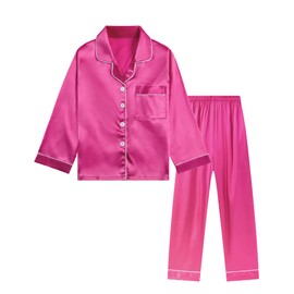 DIPUG Girls Satin Pajamas Long Sleeve Sleepwear Set Silky Feel Pjs for Kids(Hot Pink)