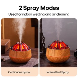 Volcano Humidifier Flame Essential Diffuser: 300ml Ultra-Quiet Auto-Off Aromatherapy Diffuser with 7 Colors Modes Changed Flame Light Humidifier for Home, Office or Gym - Wood Grain
