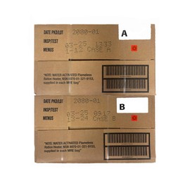 Meals Ready to Eat A and B bundle cases 2025, 2026 inspection. Genuine Military US surplus emergency food bulk supply full box with heater