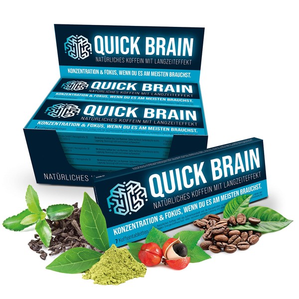 Quick Brain, Natural Caffeine with Long-Term Effect (Pack of 70) - 80mg Caffeine, Mate + Guarana + Green Tea + Coffee Beans - Made in Germany + Vegan