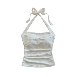 SHENHE Women's Textured Tie Back Halter Crop Top Sleeveless Backless Boho Cute Tank Top White X-Small
