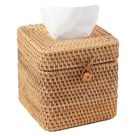 Snblzhef Rattan Tissue Box Cover Square, Hand Woven Wicker Tissue Holder with Hinged Top Lid, for Toilet Office Home