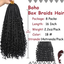 Beverlee Goddess Box Braids Crochet Hair 16 Inch Boho Box Braids 8 Packs Crochet Hair Bohemian Box Braids Crochet Braids Box Braids Curly Ends Messy Pre-looped Synthetic Curly Crochet Hair for Women
