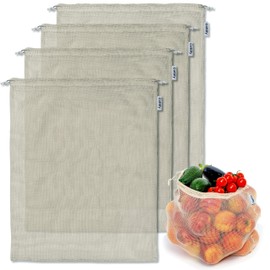 4-pack Reusable Produce Bags Grocery Washable XL, Organic Cotton Mesh Produce Bags, Double-Stitched Vegetable Bags Grocery Reusable, Tare Weight, Cotton Produce Bags Reusable Washable, Produce bgs XL