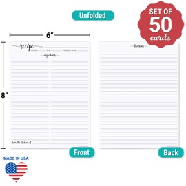 321Done Folding Recipe Cards (Set of 50) X-Large - Made in USA - Folds to 4x6 from 8x6 - Rustic Boho Black and White Minimalist – Retro Vintage Luxury Thick Cardstock Jumbo Folded Double-Sided