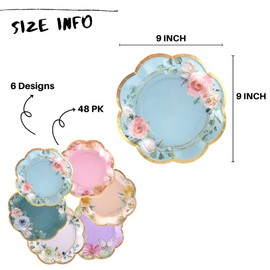 Winoo Design Floral Paper Plates - 48 PK - 9 Inch Flower Party Plates Floral Disposable Plates for Tea Party Baby Shower Brial Shower Birthday Wedding