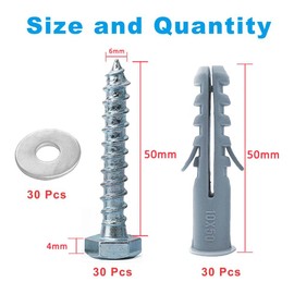 30 Sets M10x50mm Heavy Duty Masonry Brick Wall Plugs and Screws Bolts Anchors, Concrete Screws with Washers & Wall Plugs, Plasterboard Fixings for TV Bracket, Dry Wall, Shelves, Water Heater Mounting
