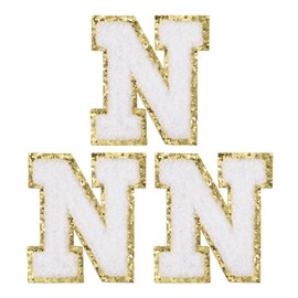 PATIKIL Iron on Letter Patches, 3 Pack Chenille Glitters Letter Patches Embroidered Patch for Repairing Jeans Clothing Bags Hats Shirts Craft, White, Alphabet N