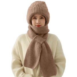 CheChury Knit Beanie Hat Scarf for Women 2 in 1 Fleece Lined Hat Slouchy Beanie Long Scarf One Piece Winter Hat Scarf for Women Integrated Ear Protection,Khaki