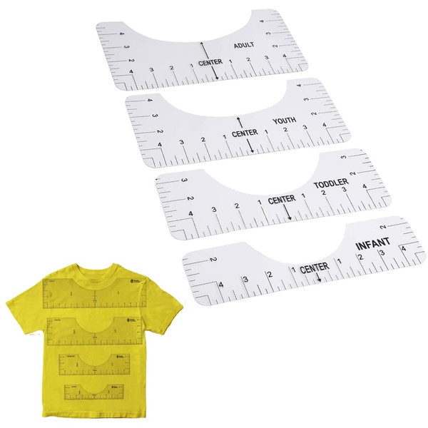 Tomedeks 4 Pieces T-Shirt Alignment Ruler, DIY T-Shirts Alignment Ruler, Stencil Ruler, Vinyl T Ruler for T-Shirts with Crew Neck and Adults, Youth (Transparent)