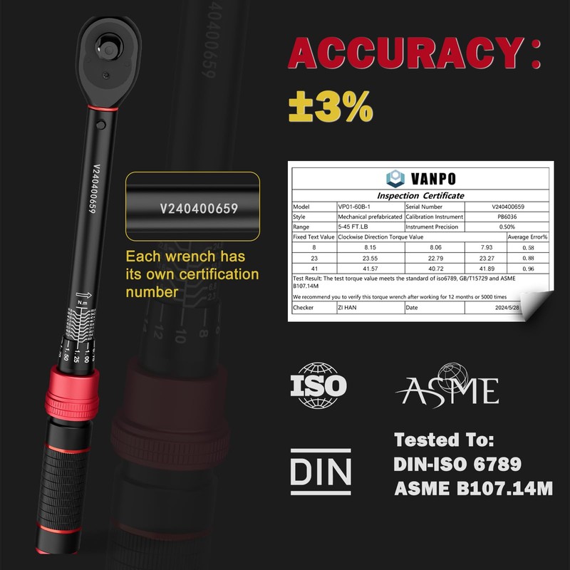 VANPO 3/8-Inch Drive Click Torque Wrench, 5-45 Ft-Lb/6.8-61Nm, ±3% Accuracy,