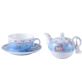 London Boutique Tea for One Teapot Cup saucer Set Vintage Flora Rose New Bone China Gift Box (Rose Blue)