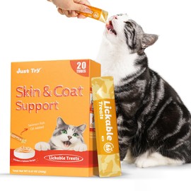Just Try 20 Tubes Natural Fish Oil Cat Treats for Skin and Coat with Omega Oils, Taurine and Vitamin E, 0.5 Ounces Each Tube
