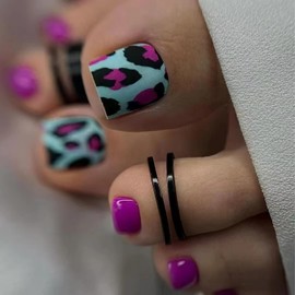 MISUD Cheetah Press on Toenails Glossy Fake Toe Nails Glue on Nails Summer Acrylic Toe Fake Nails Supplies Purple Leopard False Toenails Art with Design Full Cover Press-on Toe Nails DIY 24pcs