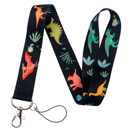 BKBKAAK Dinosaur Lanyards for Id Badges, Black Neck Lanyard with Keychain and Id Card Holder, Cute Animal Pattern Name Tag for Kids, Boy, Student, Women