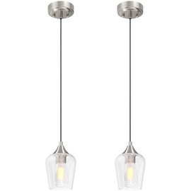 VONLUCE Pendant Lights Kitchen Island, Brushed Nickel Pendant Light Fixtures with E26 Base & Adjustable Cable, Modern Pendant Lighting with Glass Shade for Living Room Bedroom Hallway, 2 Packs